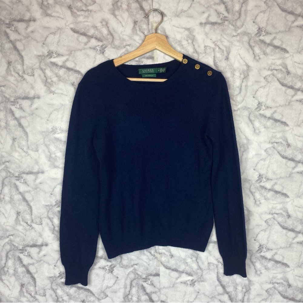 Lauren Ralph Lauren Navy Cashmere Sweater with Gold Button Detail